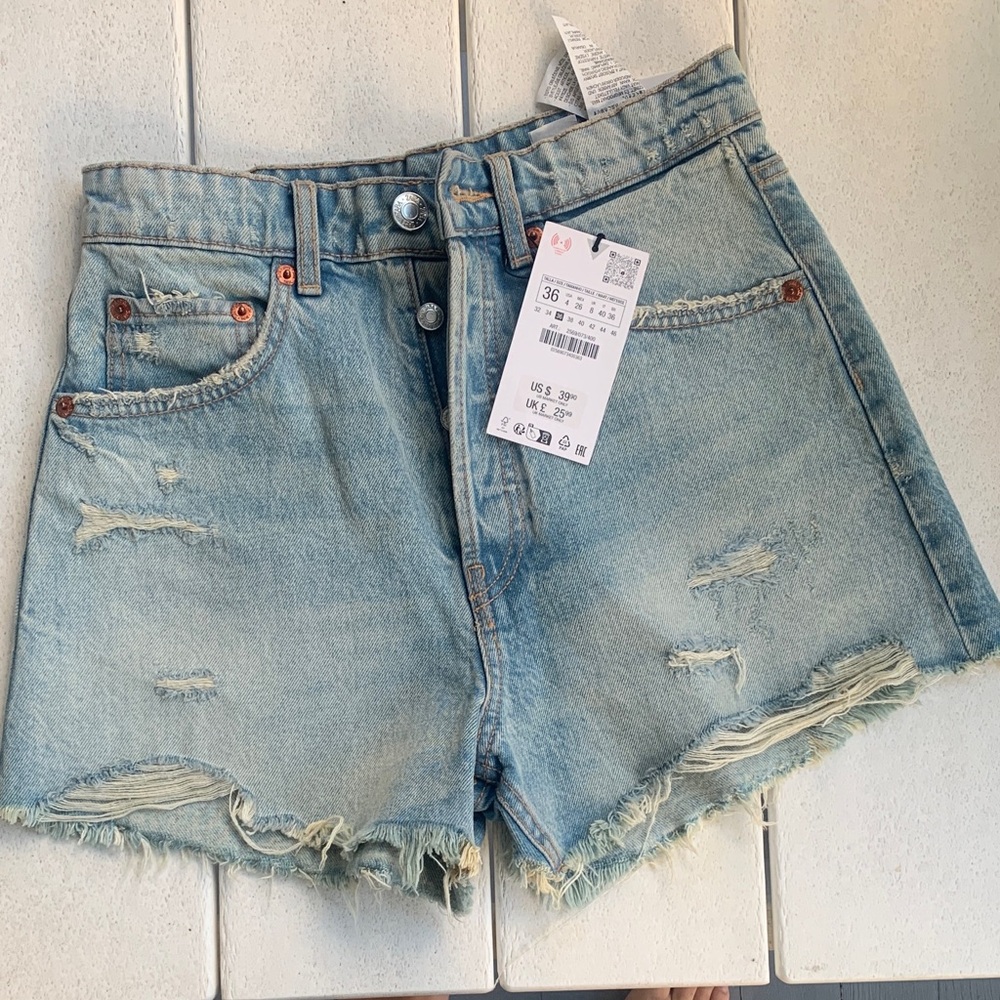 Zara Blue Jean Shorts with Distressed Frayed Hem